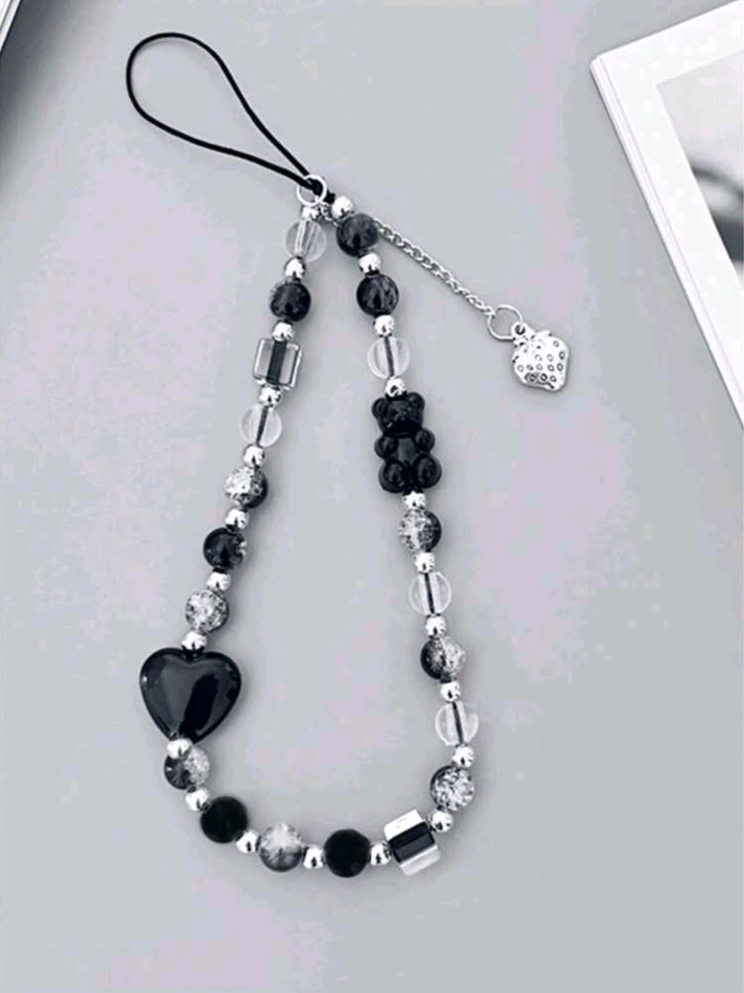 PULSERAS COLGANTE PARA CELULAR CON FRESA OSCURA ESTILO ROMANTICO NEGRO P5